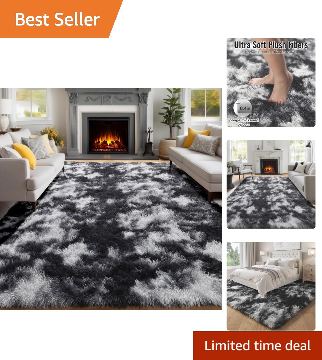 High Pile 8×10 Tie Dyed Black, White and Grey Rug – Comfort & Style Combined