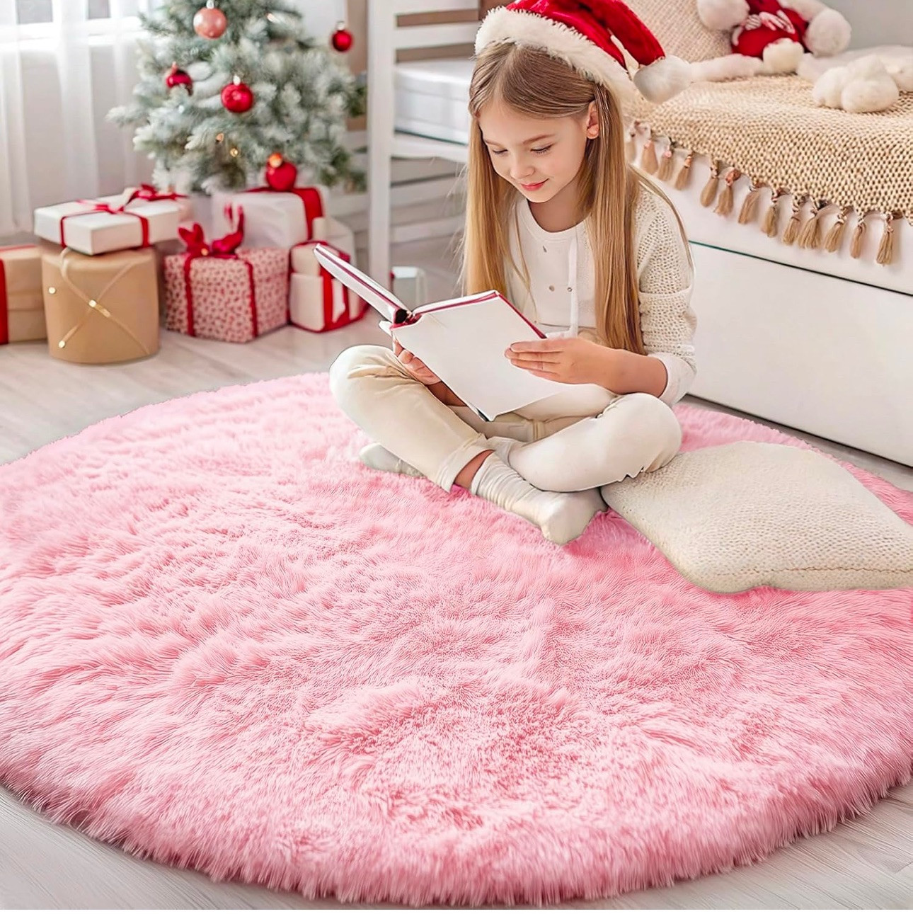 Pink Round Rug for Girls Bedroom, Fluffy Circle Rug 4’X4′ for Room Decor, Sha…