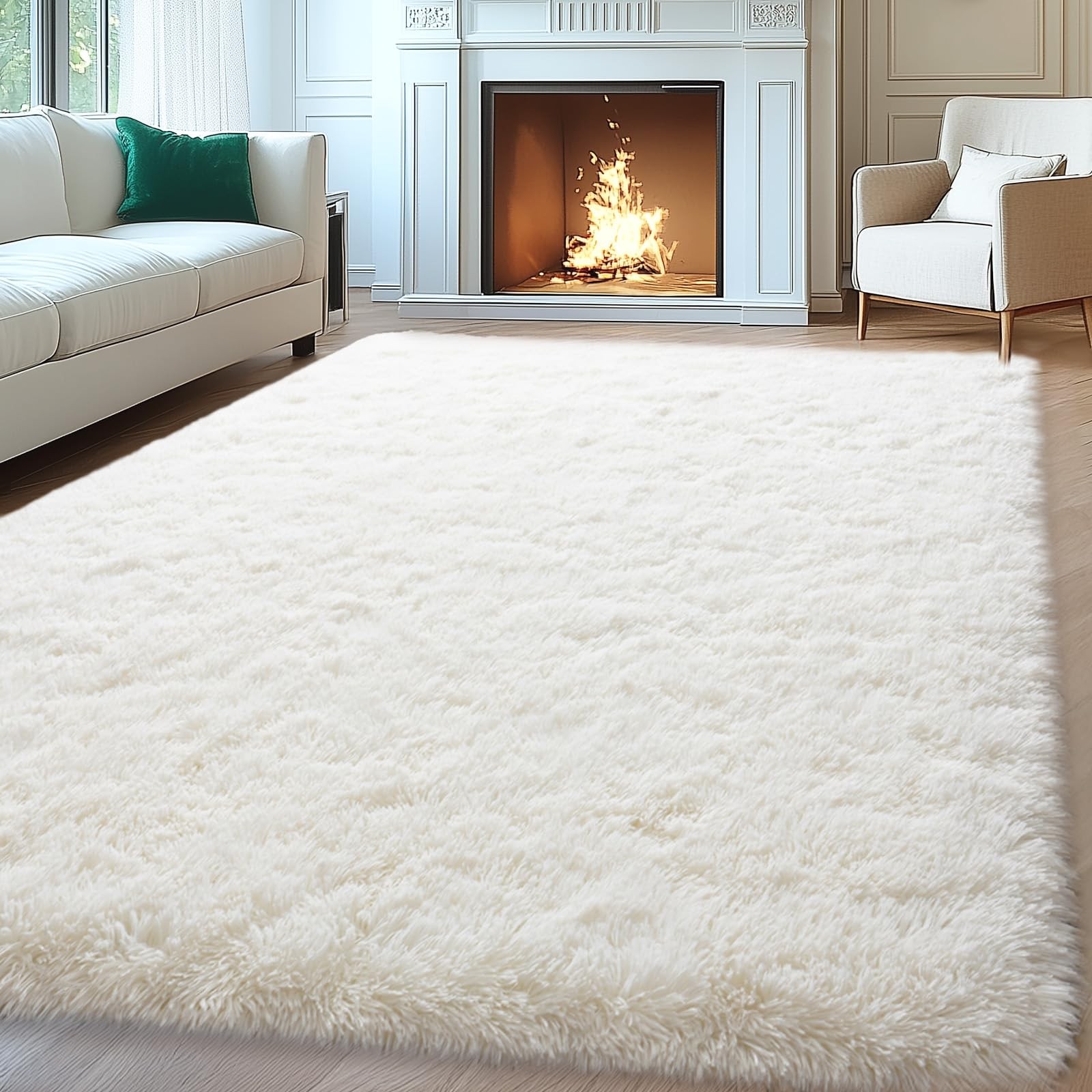 Area Rugs 8×10 Cream White Soft Shag Non-Slip 1.7″ Thick – Cozy Living Room