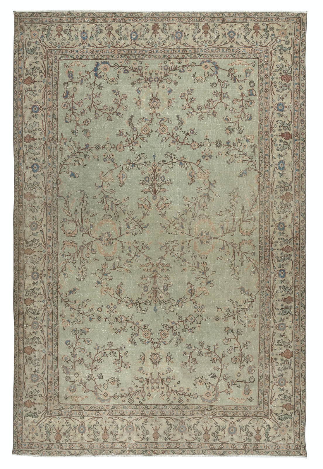 7.6×11.6 Ft Vintage Handmade Soft Green Rug. Unique Floral Design Turkish Carpet