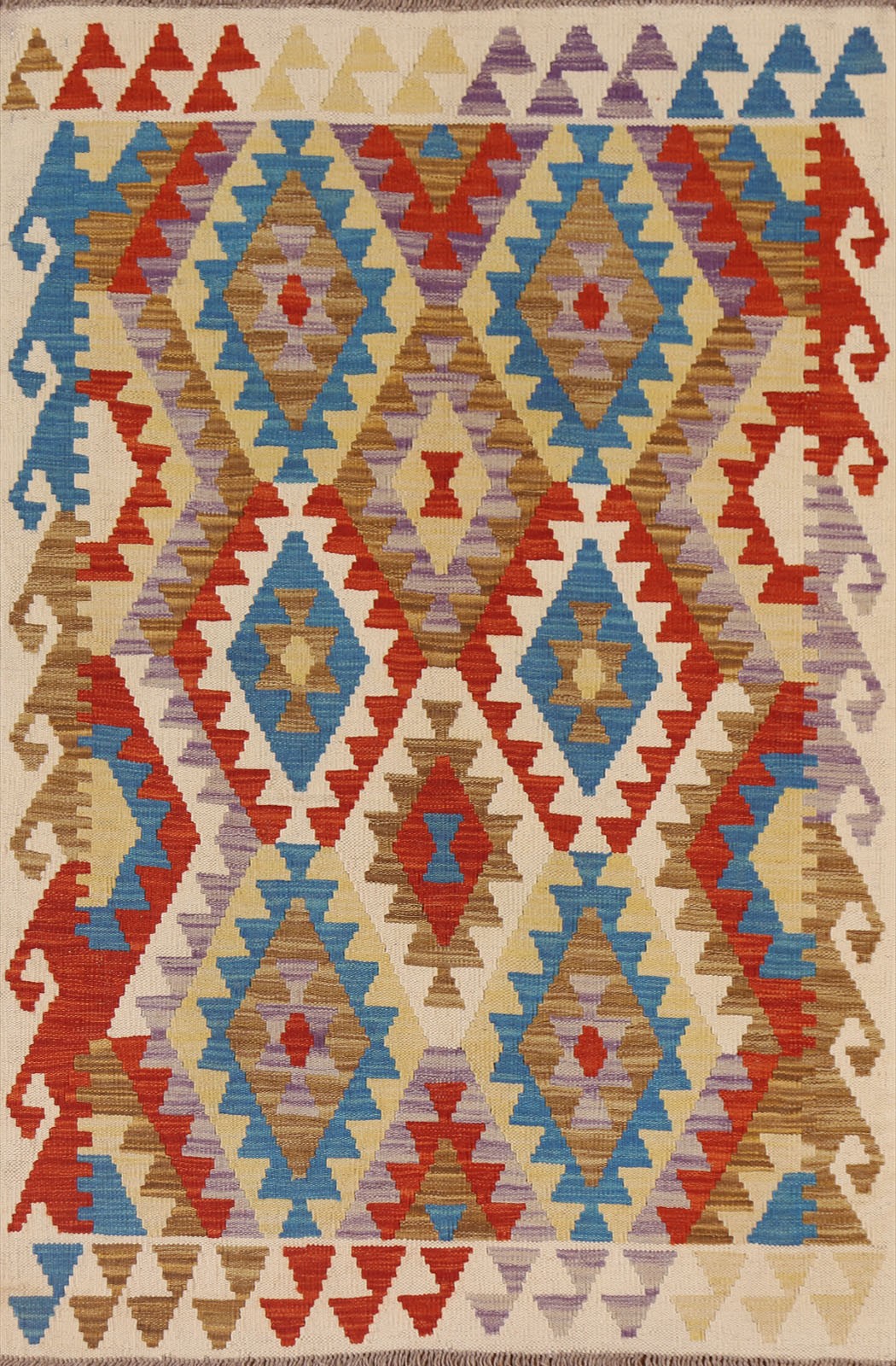 Geometric Kilim Oriental Accent Rug 3×5 Hand-woven Southwestern Style in Ivory