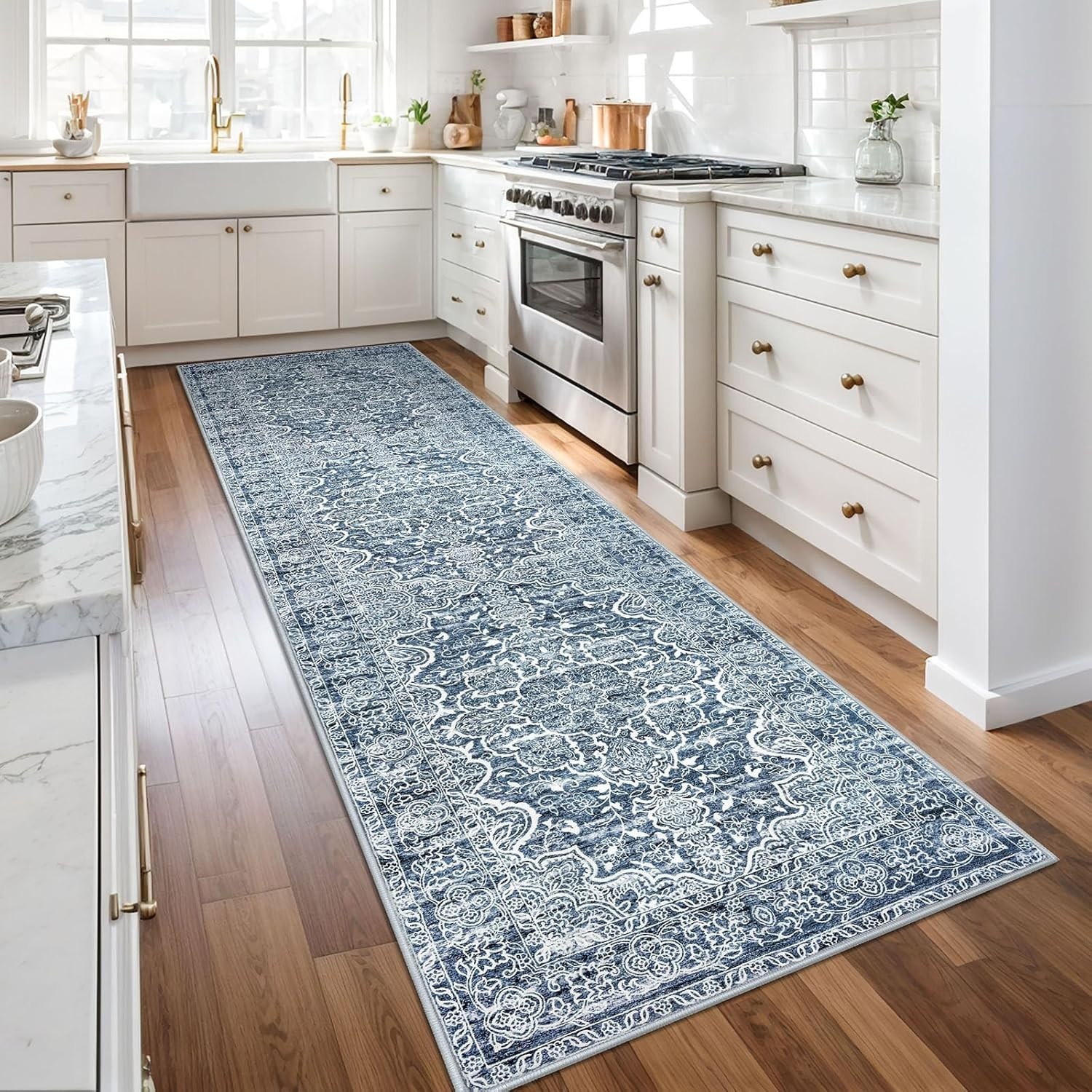 Vintage Washable Rug Runners 3×10, Blue White Non-Slip Kitchen Hallway Long R…