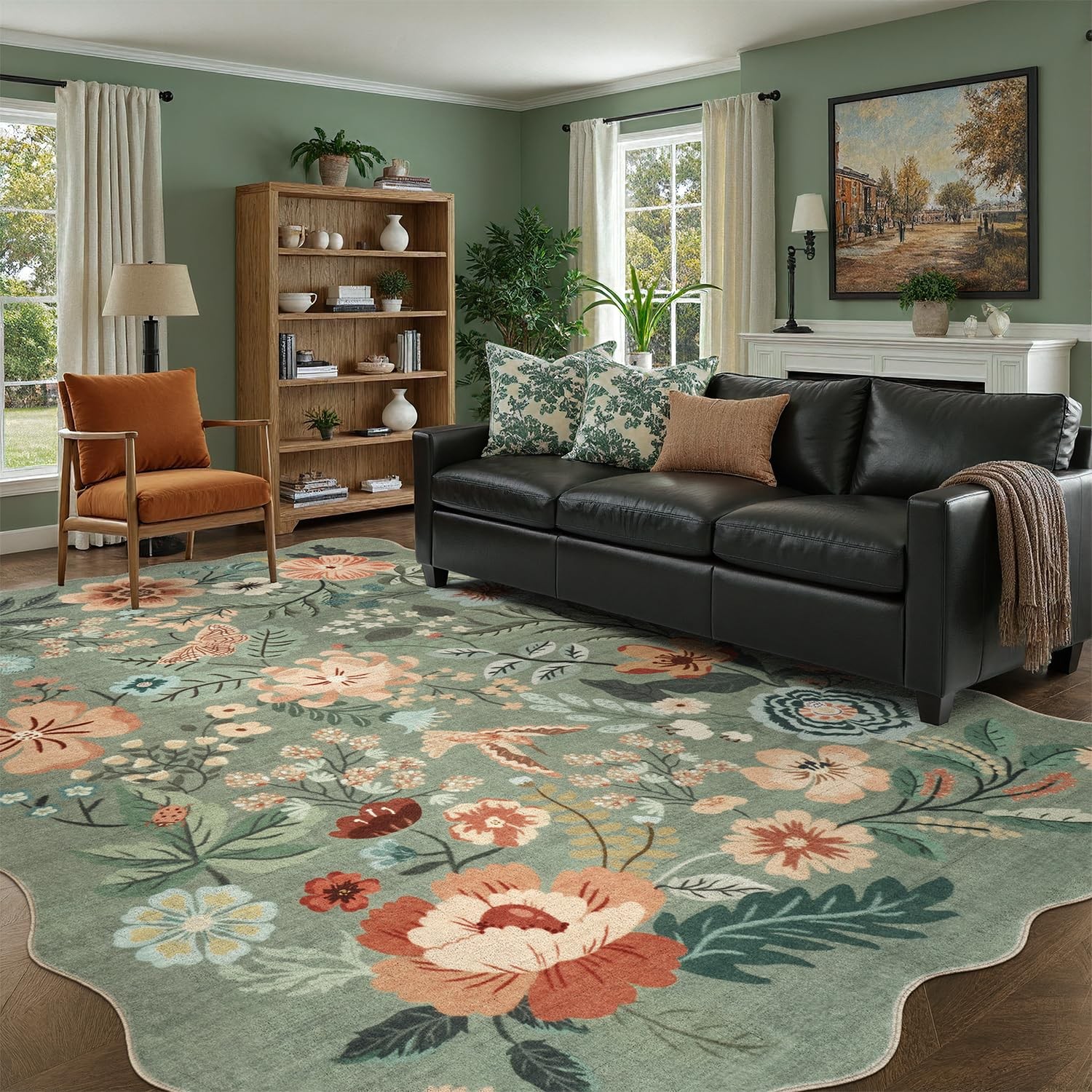 5×7 Washable Floral Rug Sage Green Non Slip Soft Low Pile Bedroom
