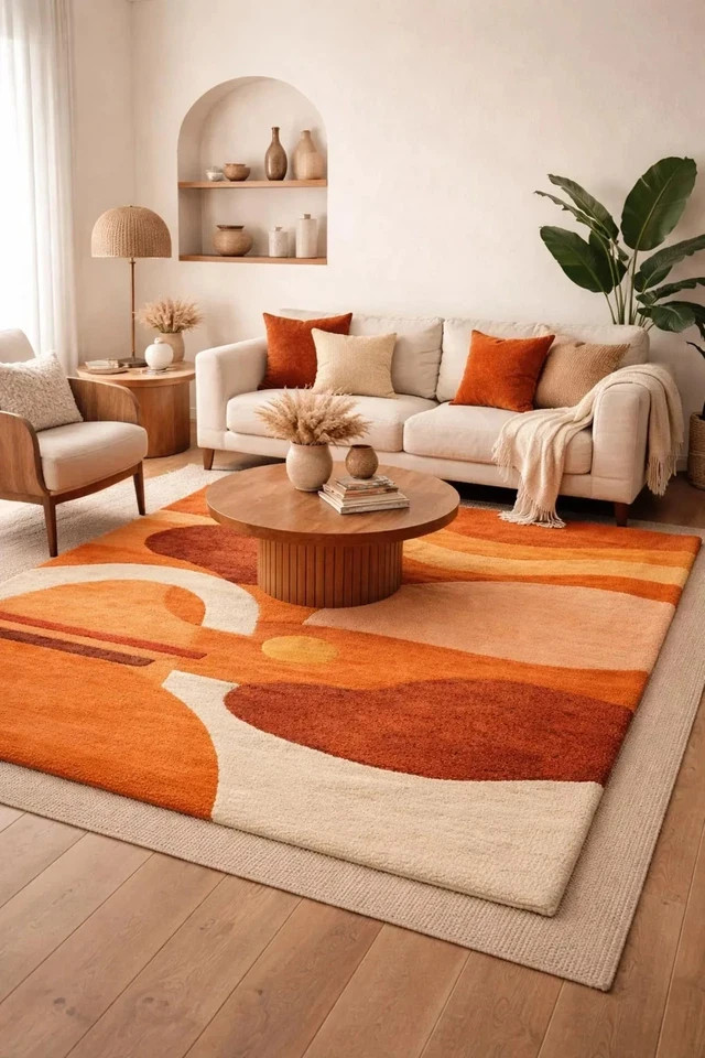 Hand Tufted Modern Abstract Orange Wool Rug Retro Geometric Area Rug Carpet.