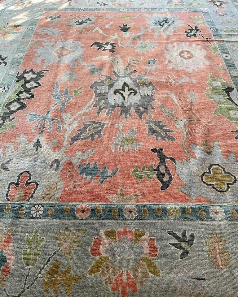 Lovely Oushak Rugs Custom Area Rug | Original Turkish Carpet with orange Carpet