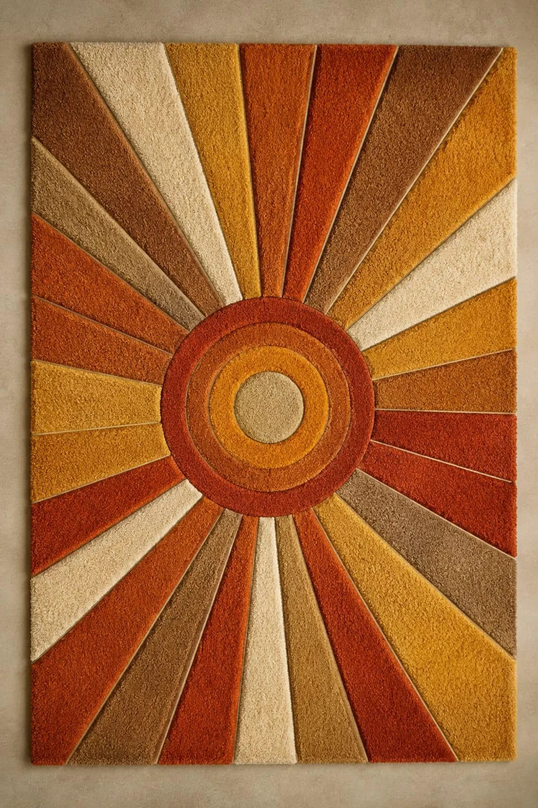 Mid Century Sunburst Retro Hand Tufted Wool Rug in Warm Earth Tones Carpet Rug