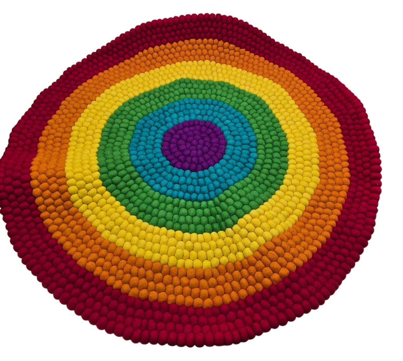 Hype & Colorful 42″ Round Rainbow Felt Ball Rug Made of Wool Handcrafted