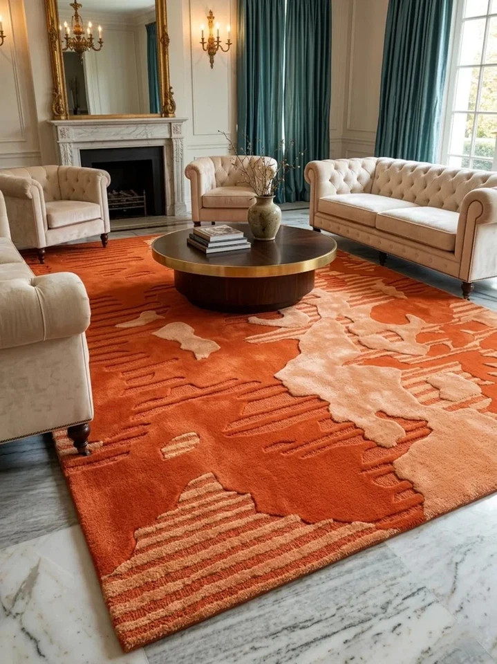 Modern Abstract Orange Wool Rug Terracotta Rust Hand Tufted Living Room Carpet