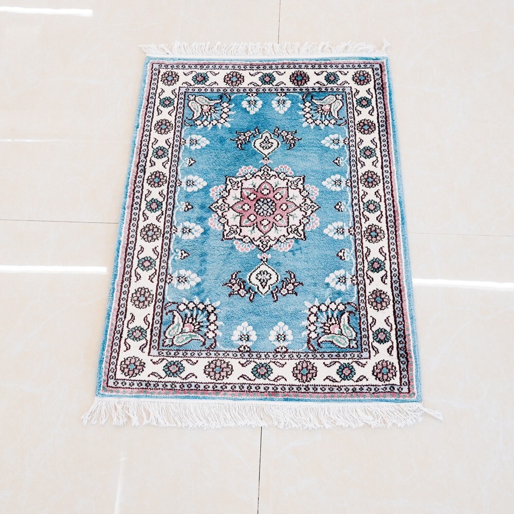 2x3ft Handmade Silk Carpet Small Blue Handcraft Bedroom Area Rug LZL316C