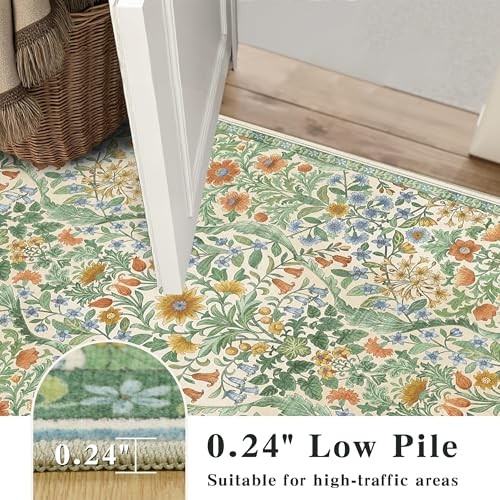 5×7 Grass Green Washable Floral Area Rug,Vintage Boho Soft Low-Pile Living