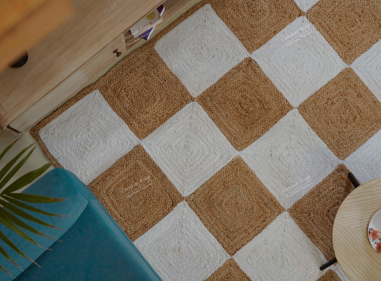 Geometric pattern Hand braided Beige and white checkered design jute area rugs