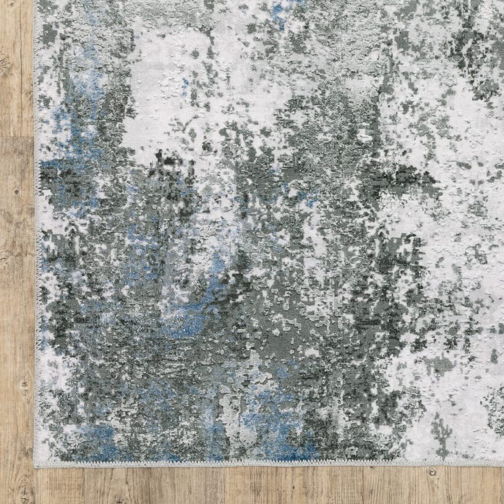 5′ X 7′ Silver Grey Charcoal And Light Blue Abstract Printed Stain Resistant Non