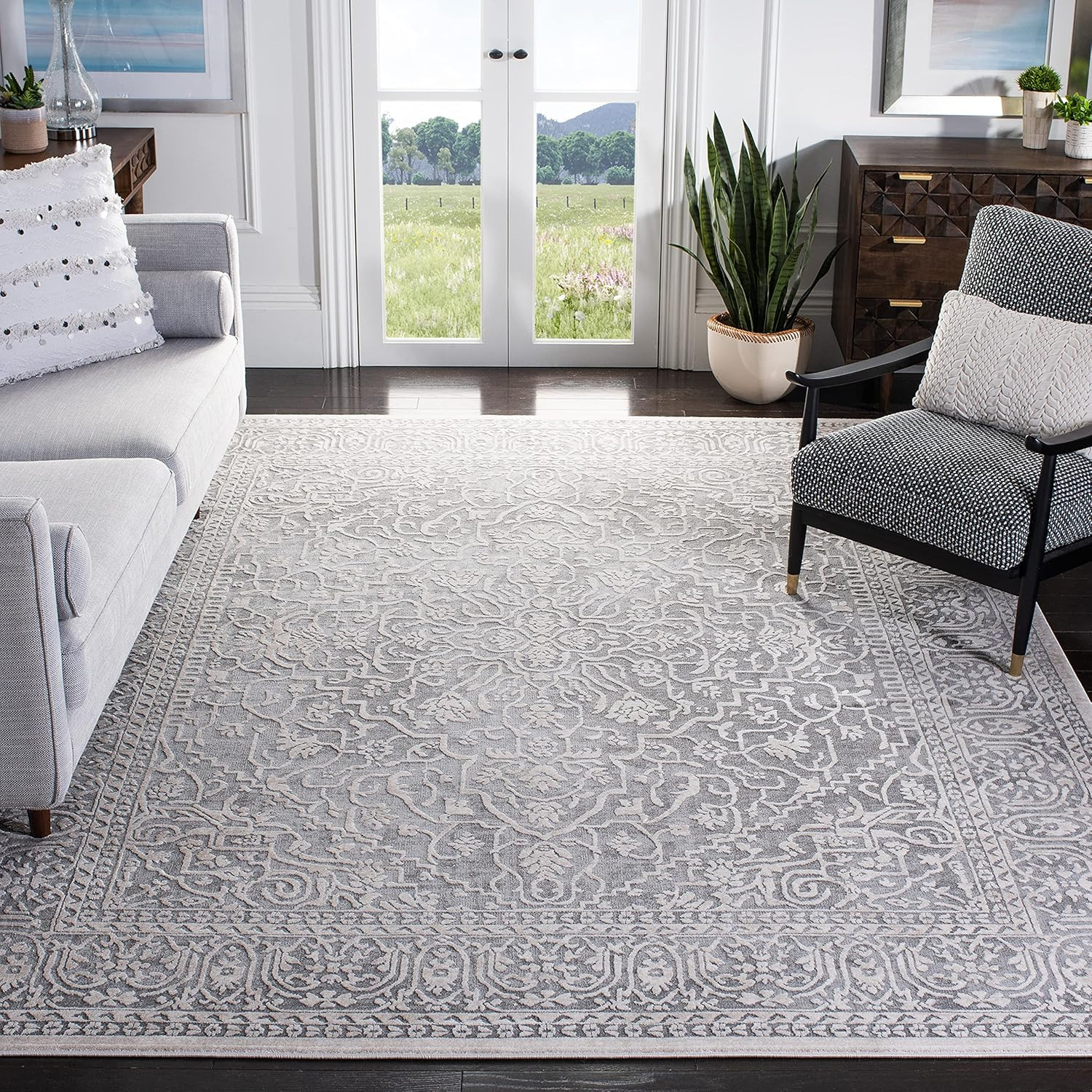 Large Dark Grey & Cream Area Rug 8×10 – Non-Shedding & Easy to Clean