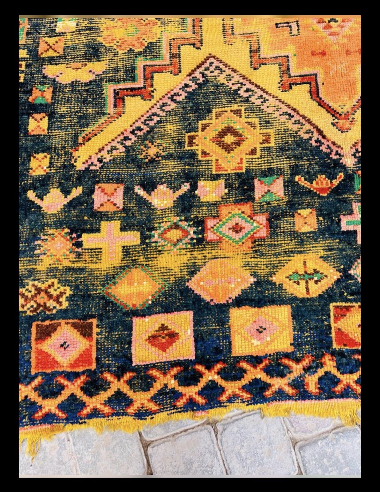 Vintage Mid century Moroccan Rug Tribal Taznacht Wool Saffron Indigo 11.5×5 ft