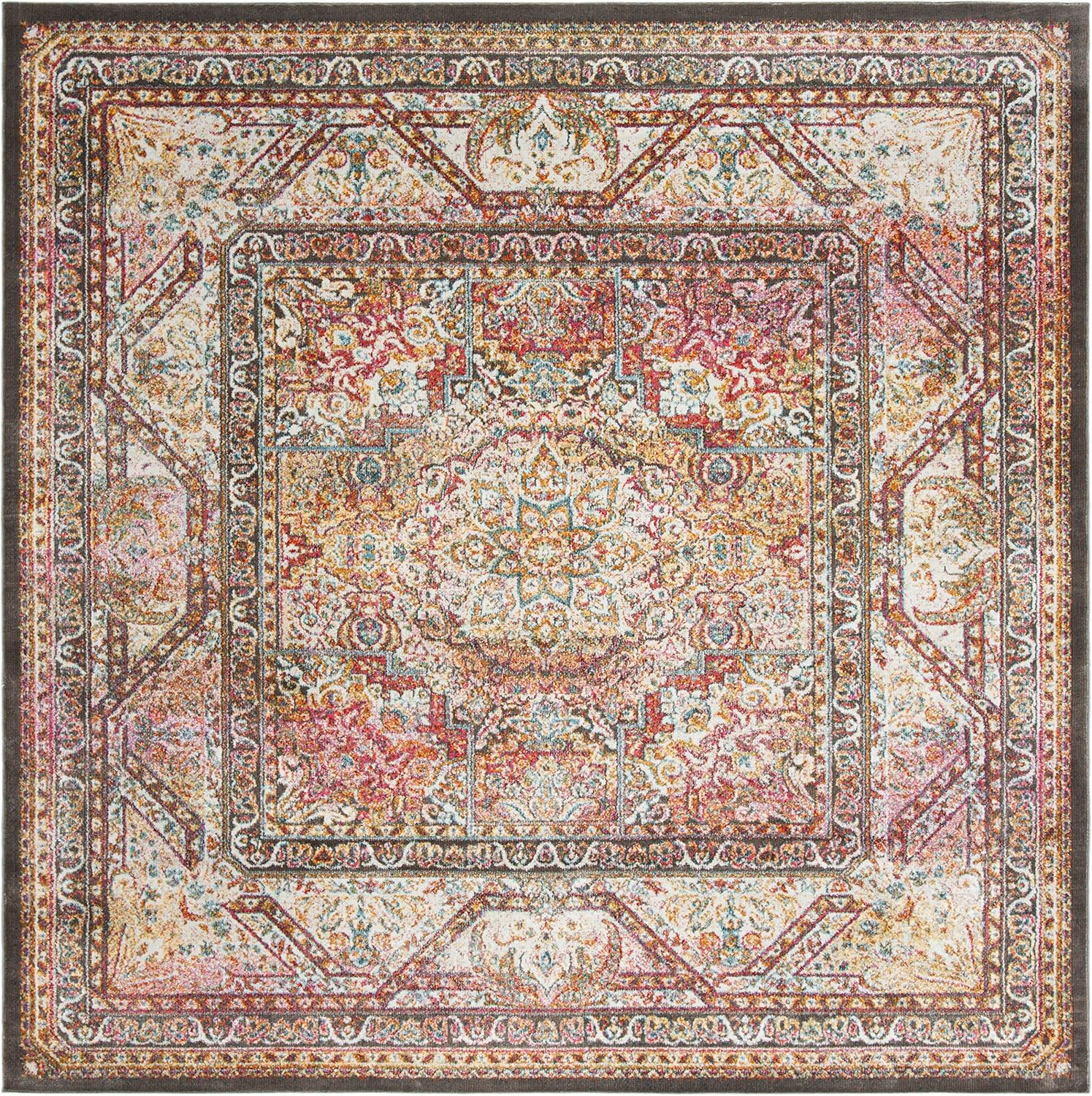 Handmade Boho Chic 6’7″ Square Area Rug – Ivory & Fuchsia for High Traffic Areas