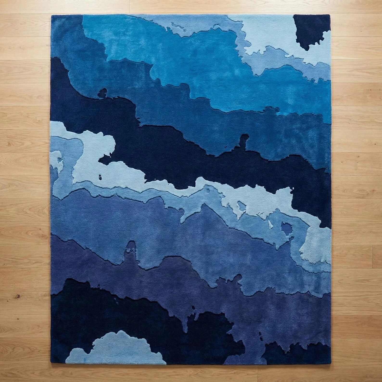 Hand Tufted Blue Abstract Wool Rug – Modern Ocean Inspired Designer Area Rug