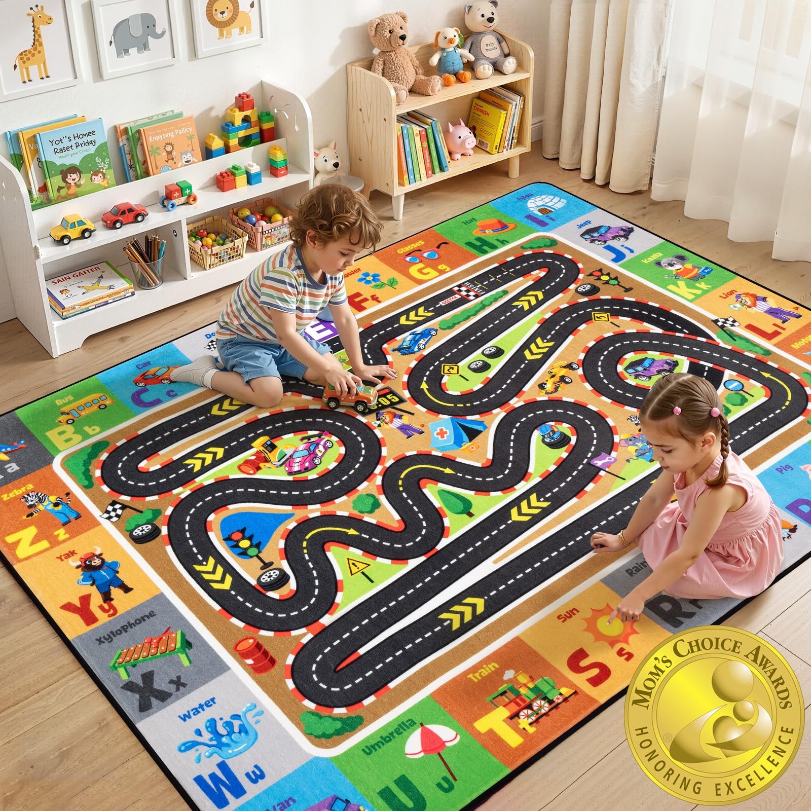 Race Track Rugs for Kids, Car Track Play Mat with Roads for Toy Cars, Soft No…