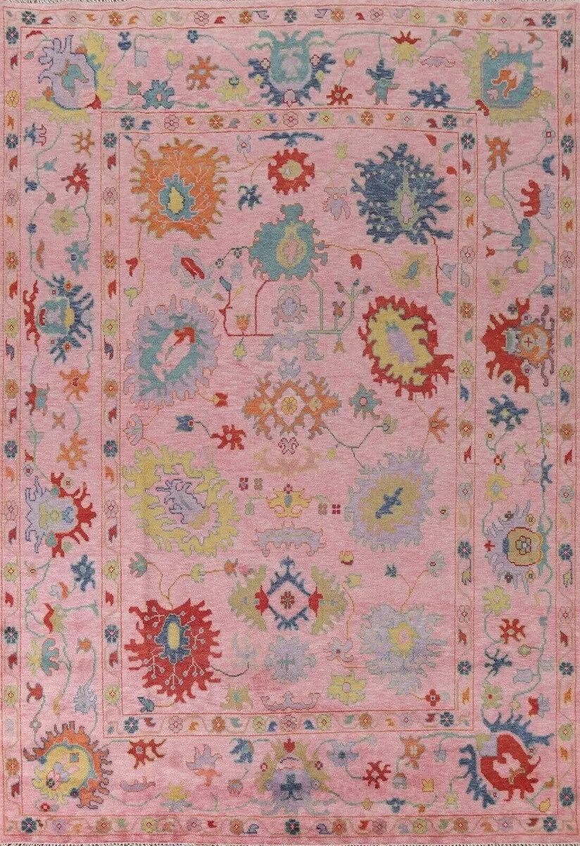 Hand Knotted Pink Floral Oushak Turkish Contemporary ethnic Rugs for living area