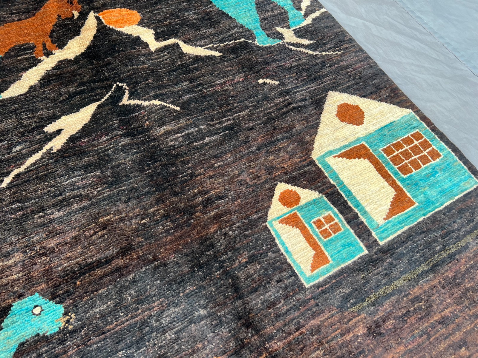 4×5 Modern Afghan Hand-Knotted Pictorial Wool Rug, Village Scene Art Bedroom Rug