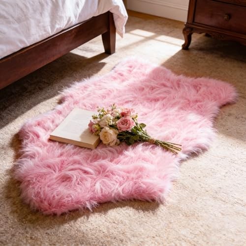 Ultra Soft Faux Fur Rug, Fluffy Shaggy 2 x 3 Ft Sheepskin Fur, Pink Plush Faux