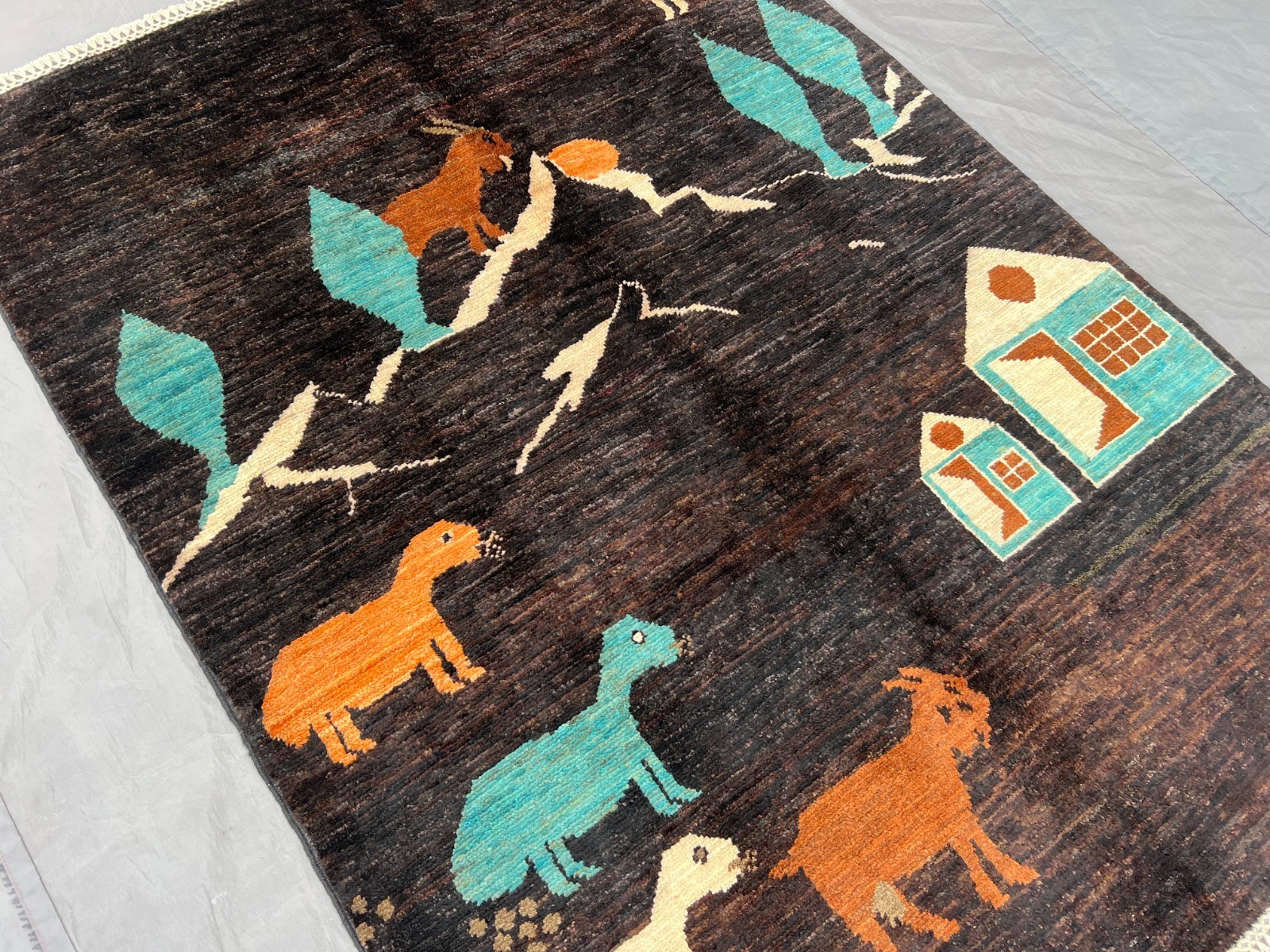 4×5 Modern Afghan Hand-Knotted Pictorial Wool Rug, Village Scene Art Bedroom Rug