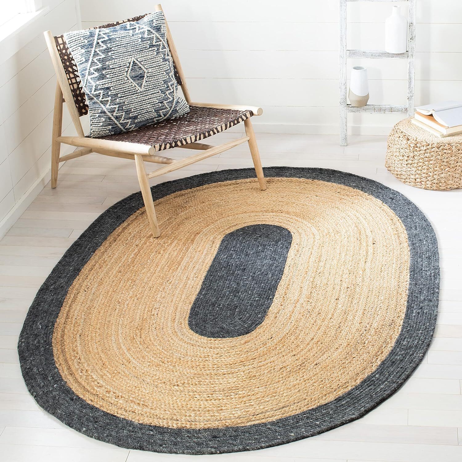 Oval Jute Rug with Contrast Border | Handmade Natural Fiber Area Rug (Multi-Colo