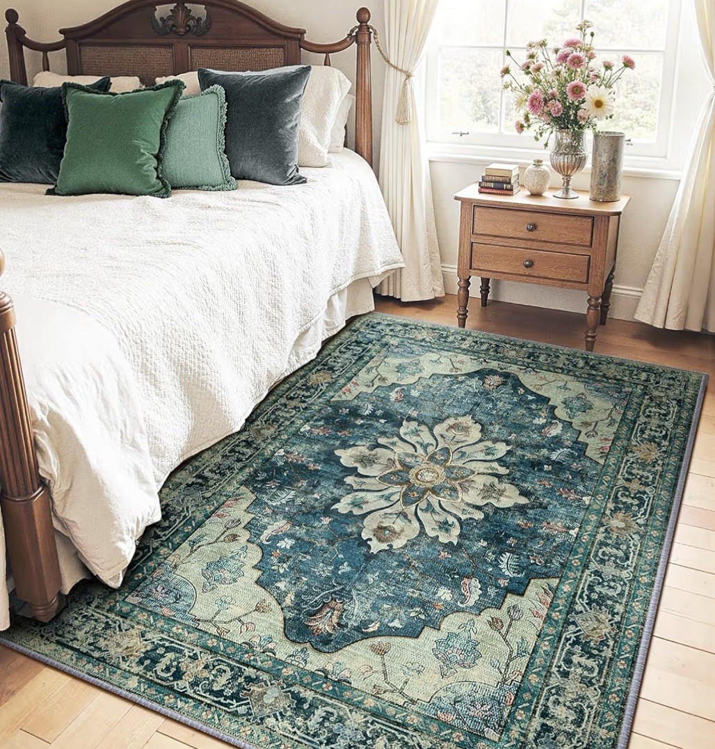 5×7 Washable Area Rug Vintage Floral Medallion Non-Slip Carpet – Dark Blue/Navy