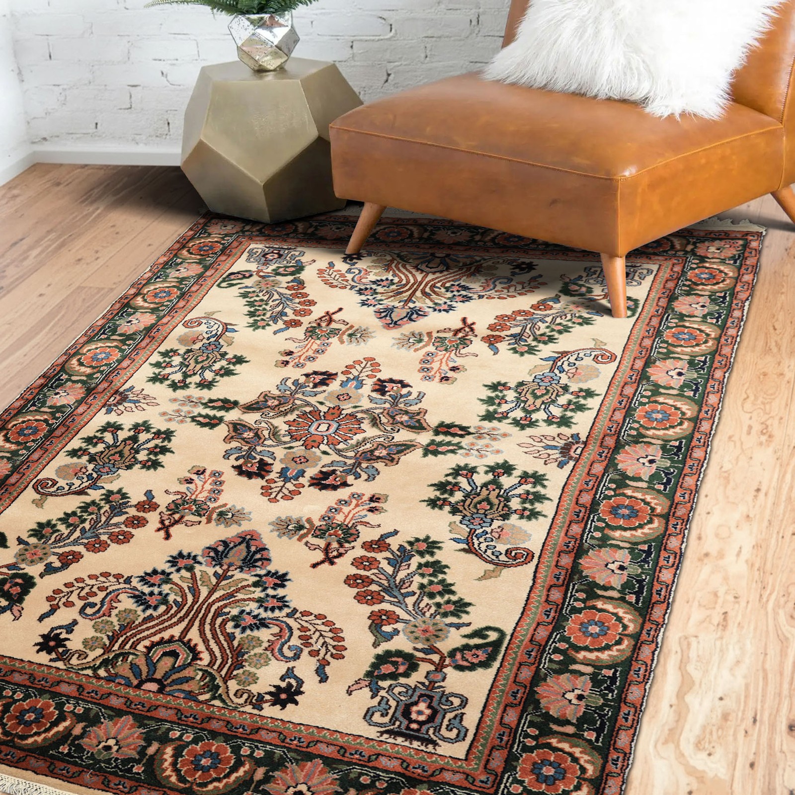 Indo Saroukk 200 KPSI Silky Sheen Rug 4×6 Hand Knotted New Zealand Wool Ivory