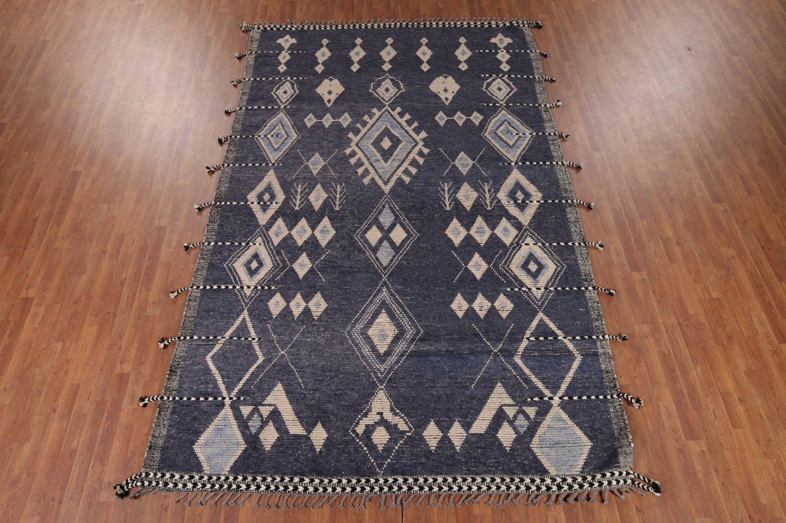 Geometric Blue Moroccan Oriental Rug 8×13 Berber Wool Handmade Room Size Carpet