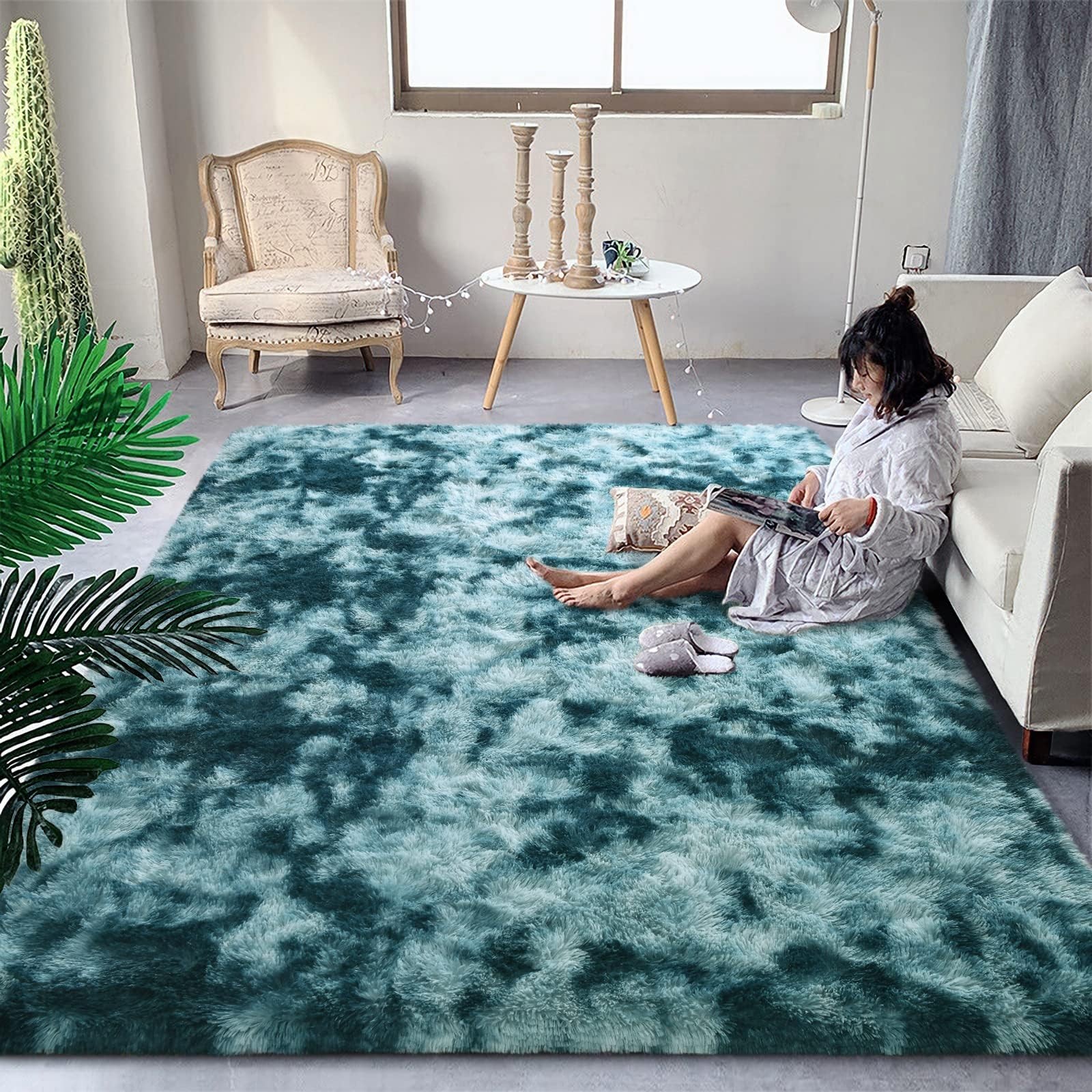 Tie~Dye Shaggy Rug 4×6 ft, Soft Fluffy Non~Slip Machine Washable, Peacock Blue