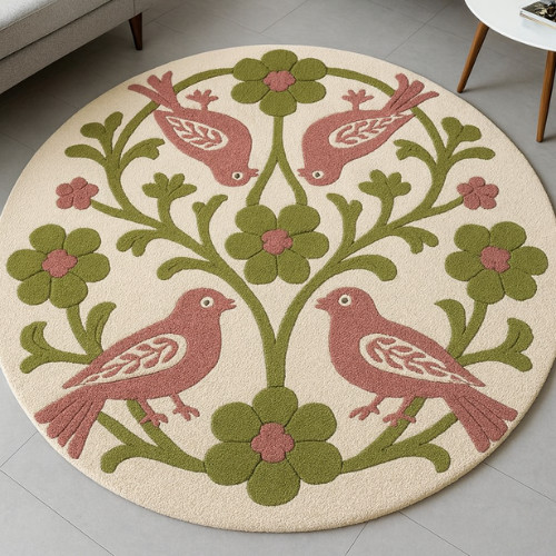 Floral Bird Wool Rug – Handmade Tufted Area Carpet in Pink & Green, Handmade Rug