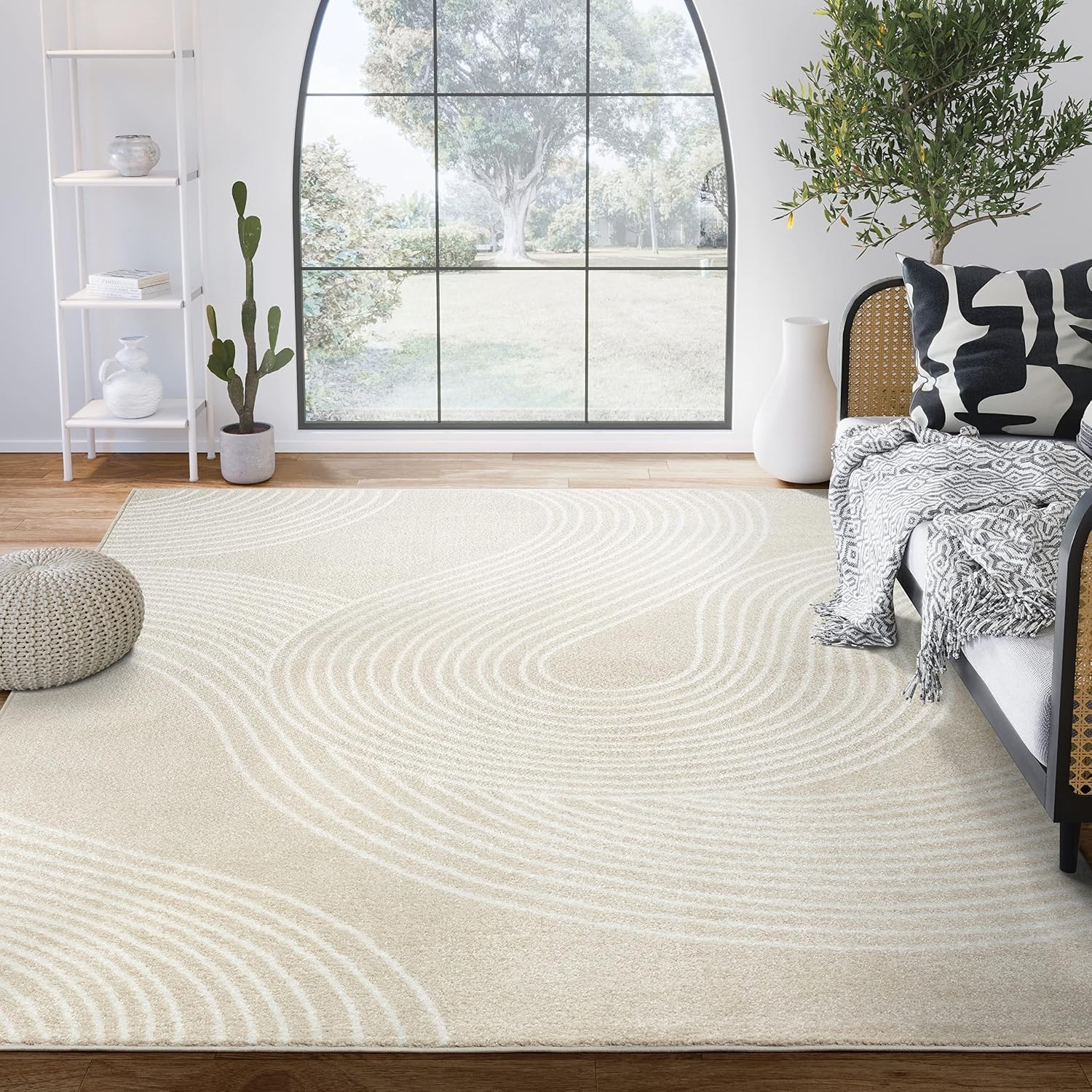 Beige and White Swirl Area Rug | 7’9″ x 10’2″ Cream Carpet with Wave Pattern |