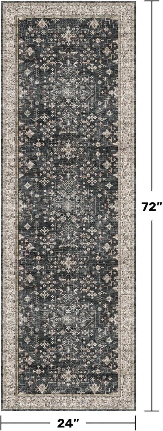 Elegant 2×6 Black Floral Boho Runner Rug – Soft, Washable & Stain Resistant