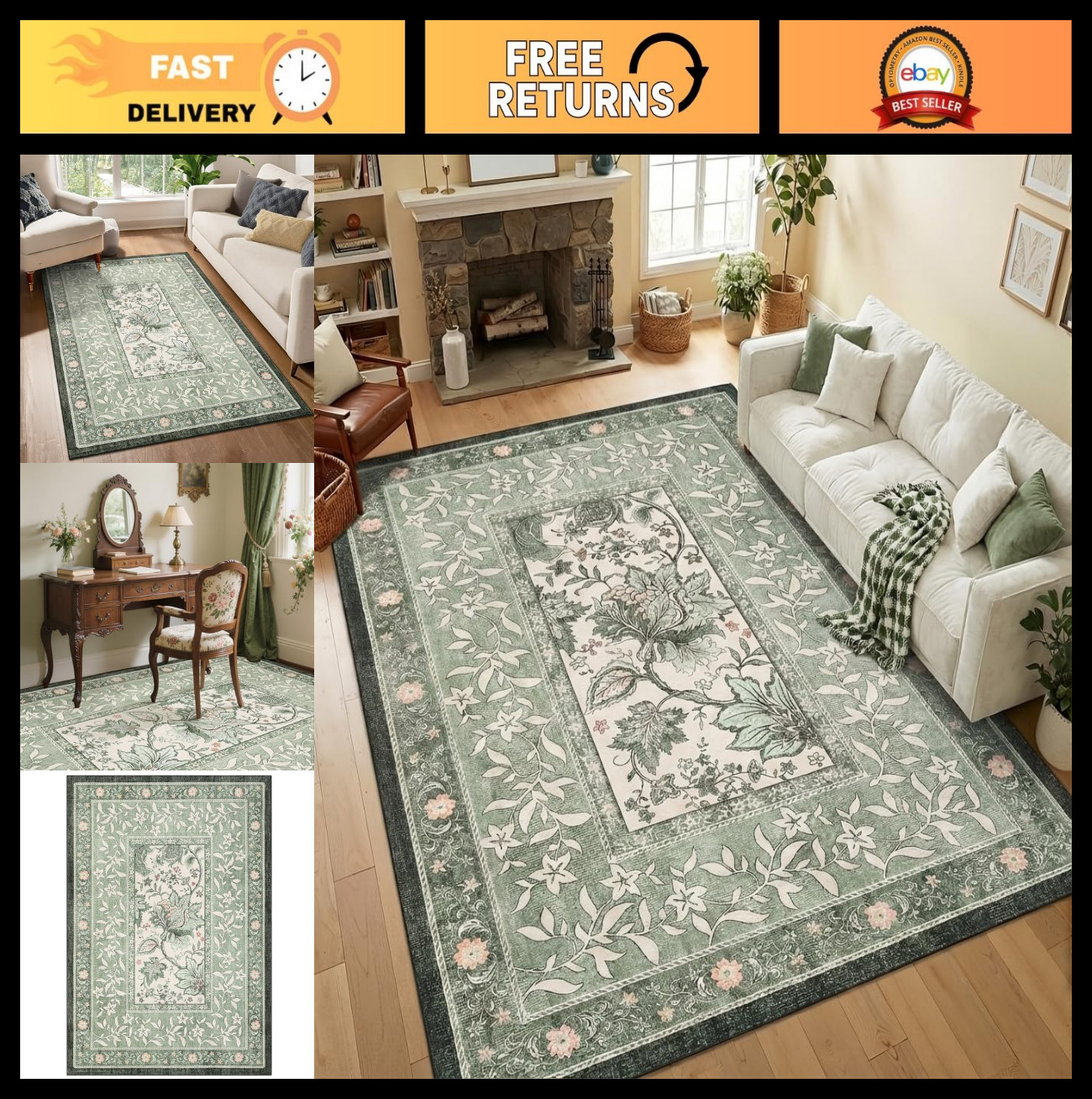 Botanical Grove 5×7 Area Rug – Sage Green Vintage Cottagecore Non-Slip Washable