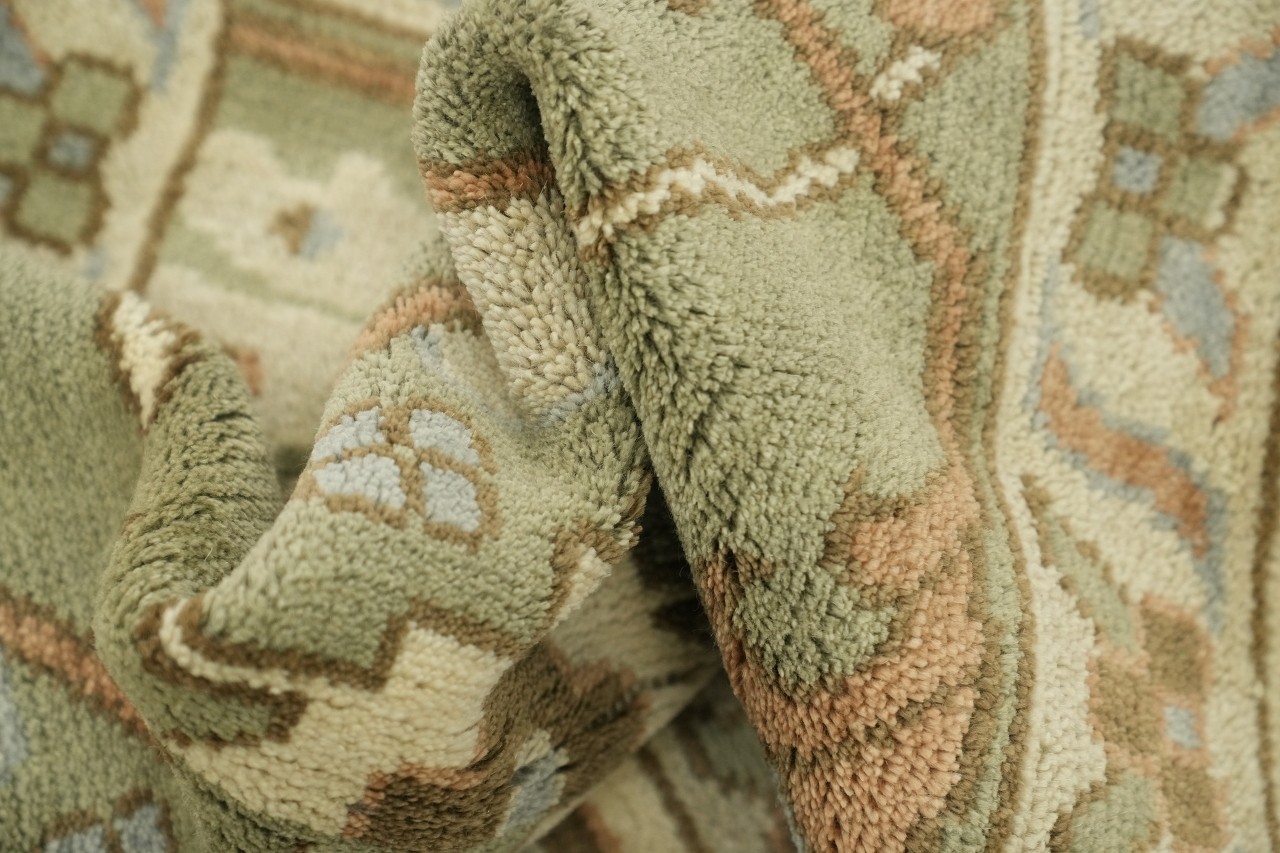 Oushak Textured Beige and Green Traditional 12×11 Large Hand-Knotted Area Rug