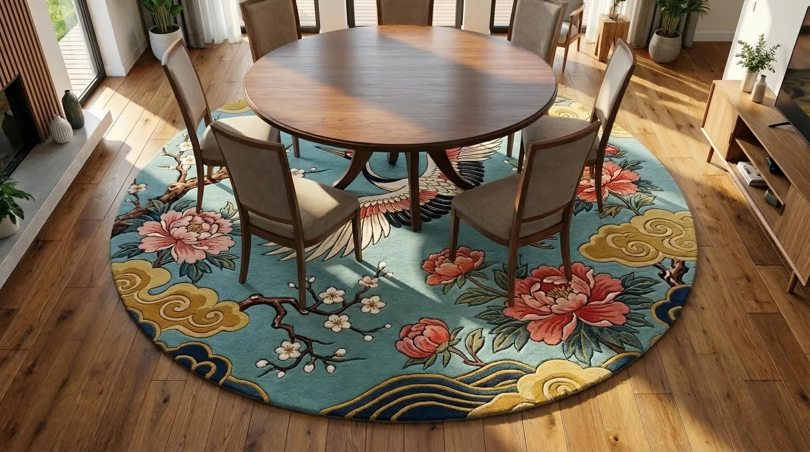 Chinoiserie Crane Rug Blue Floral Hand Tufted Wool Area Rug Luxury Handmade Wool