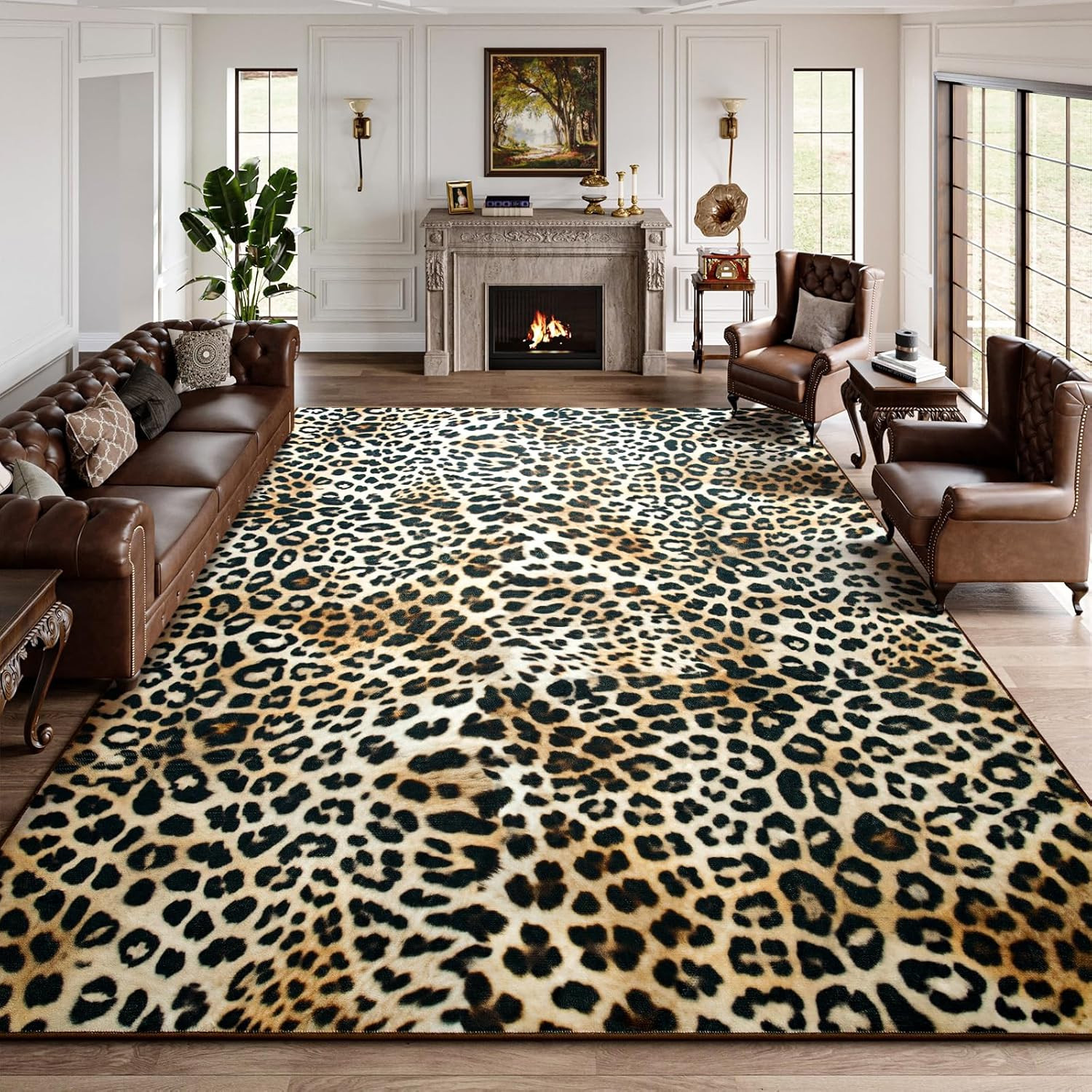 Leopard Print Rug for Living Room, Machine Washable 5X7 Cheetah Area Rugs for Be