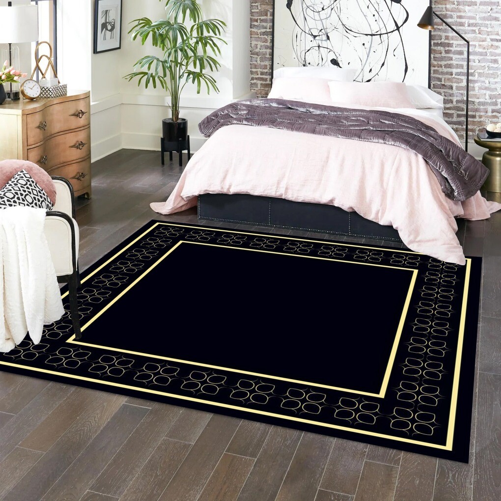 Luxury Gold Black Striped Geometric Bordered Texture Rug Modern Deco Square Rugs