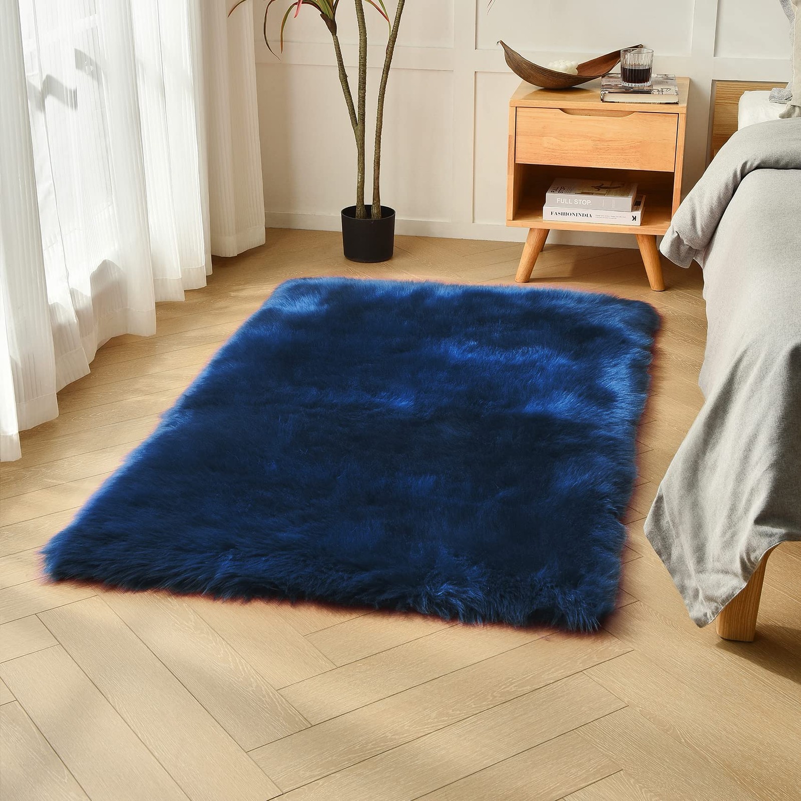 Navy Blue Faux Sheepskin Fur Rug 3×5 ft, Fluffy Shag Bedroom Dorm Nursery Pla…