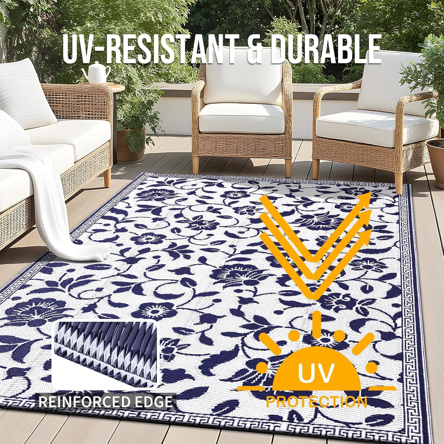 Waterproof Outdoor Rug 5X8 Ft, Outdoor Plastic Straw Rug with Flower Pattern, Re