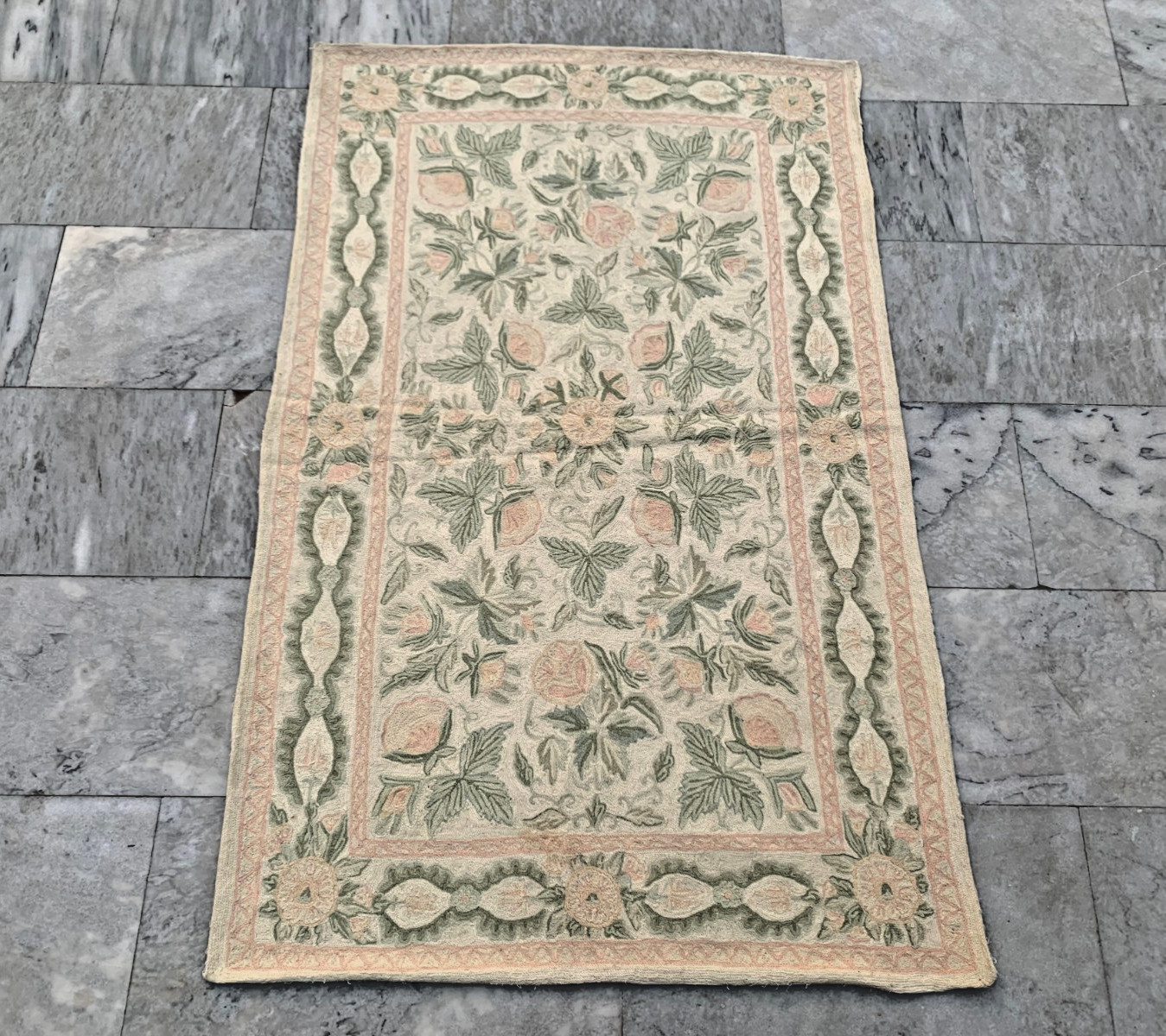 Vintage French Aubusson Needlepoint Rug 3×5 Ft Hand Stitched Chain Stitch