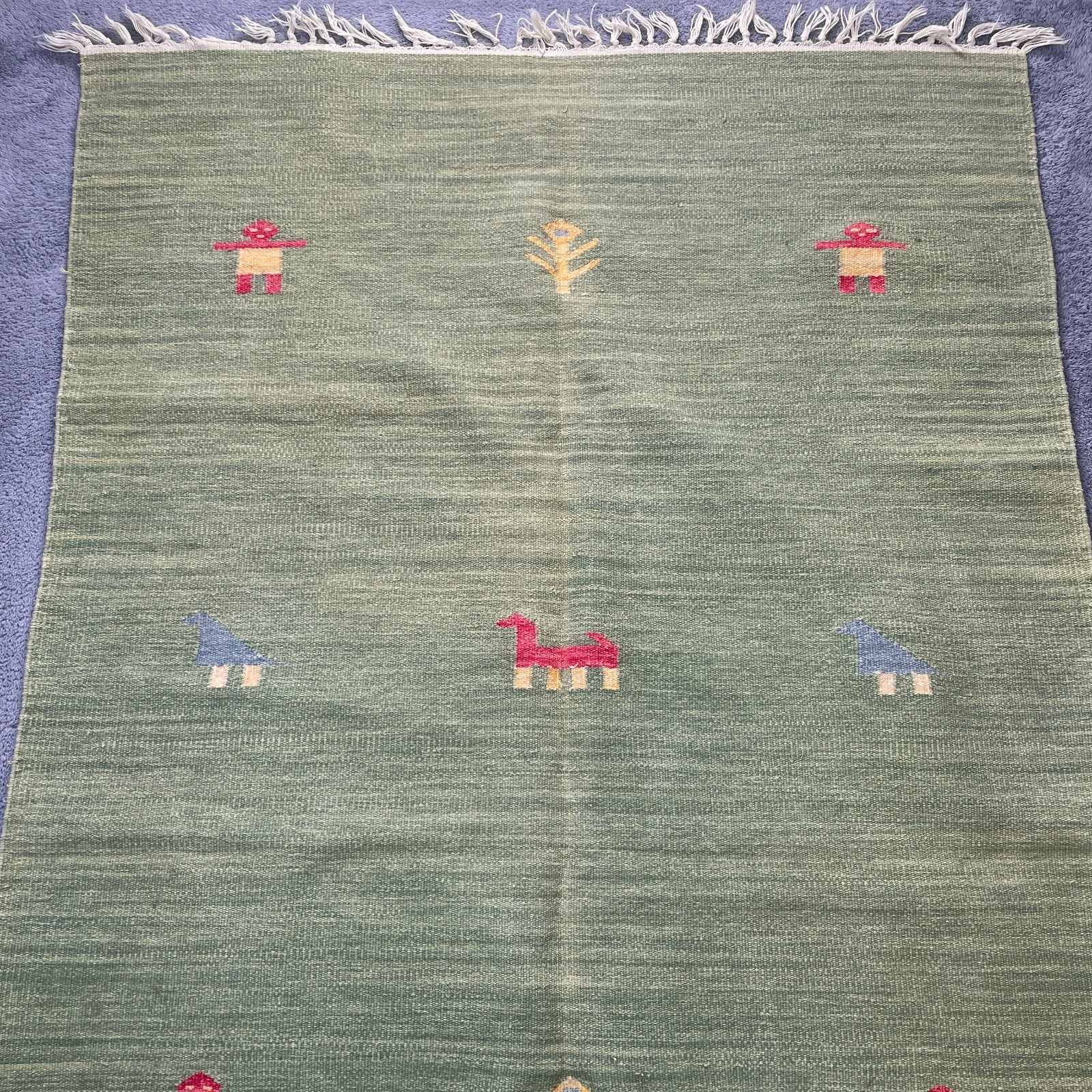 Tribal Rug 40×60 Green Carpet Wool Boho Hand Knitted Llama Peru Ethnic Andean
