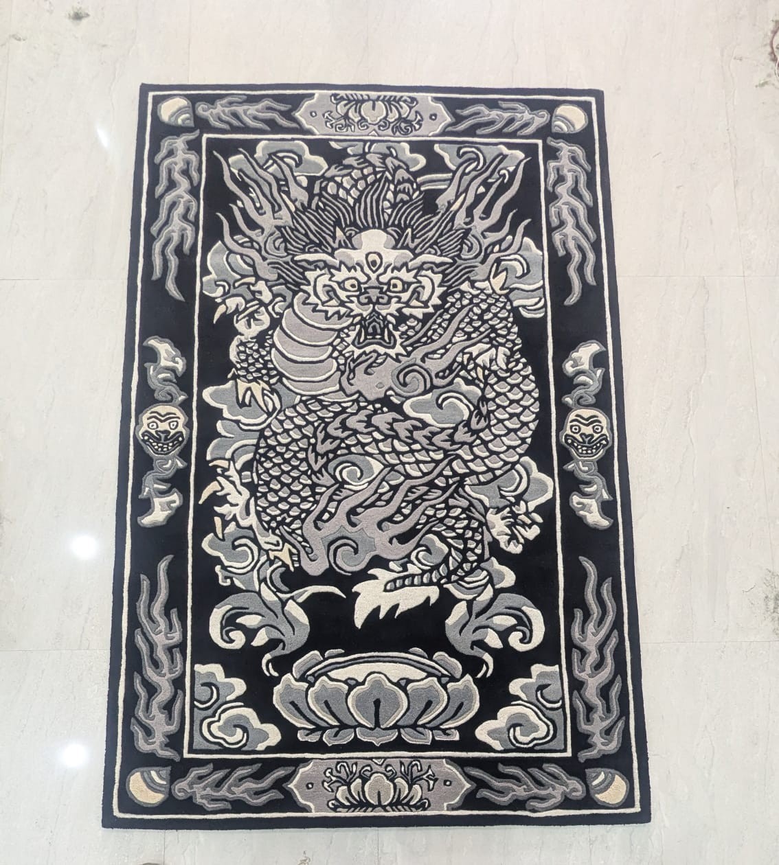 Wool Tufted Area Rug Japanese Dragon Rug 5×8 Black Tattoo Inked Rug Decor