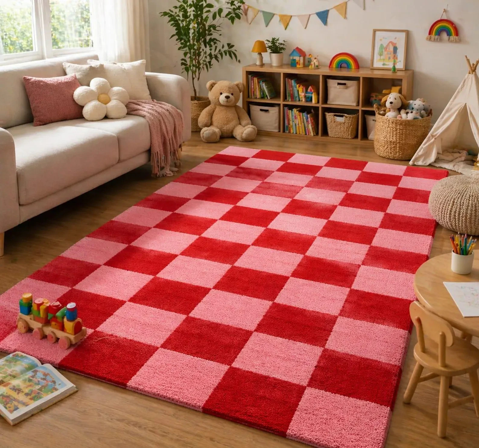 Pink & Red Checkered Rug, Hand Tufted Kids Room Carpet, Soft Wool Area Rug
