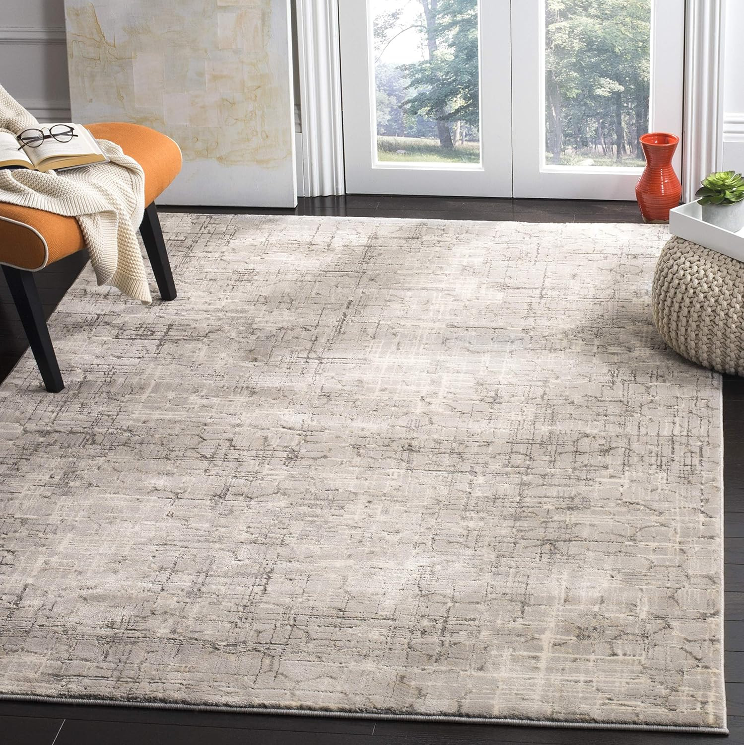Modern Grey Abstract Area Rug – 6’7″ Square, Non-Shedding, Easy Care