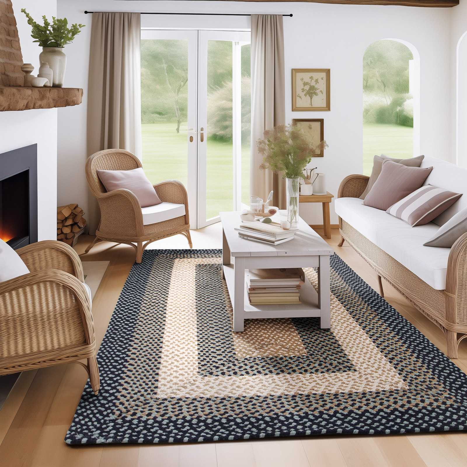 Nautical Braided Area Rug Blue & Navy White Rug for Living Rooms and Bedroom