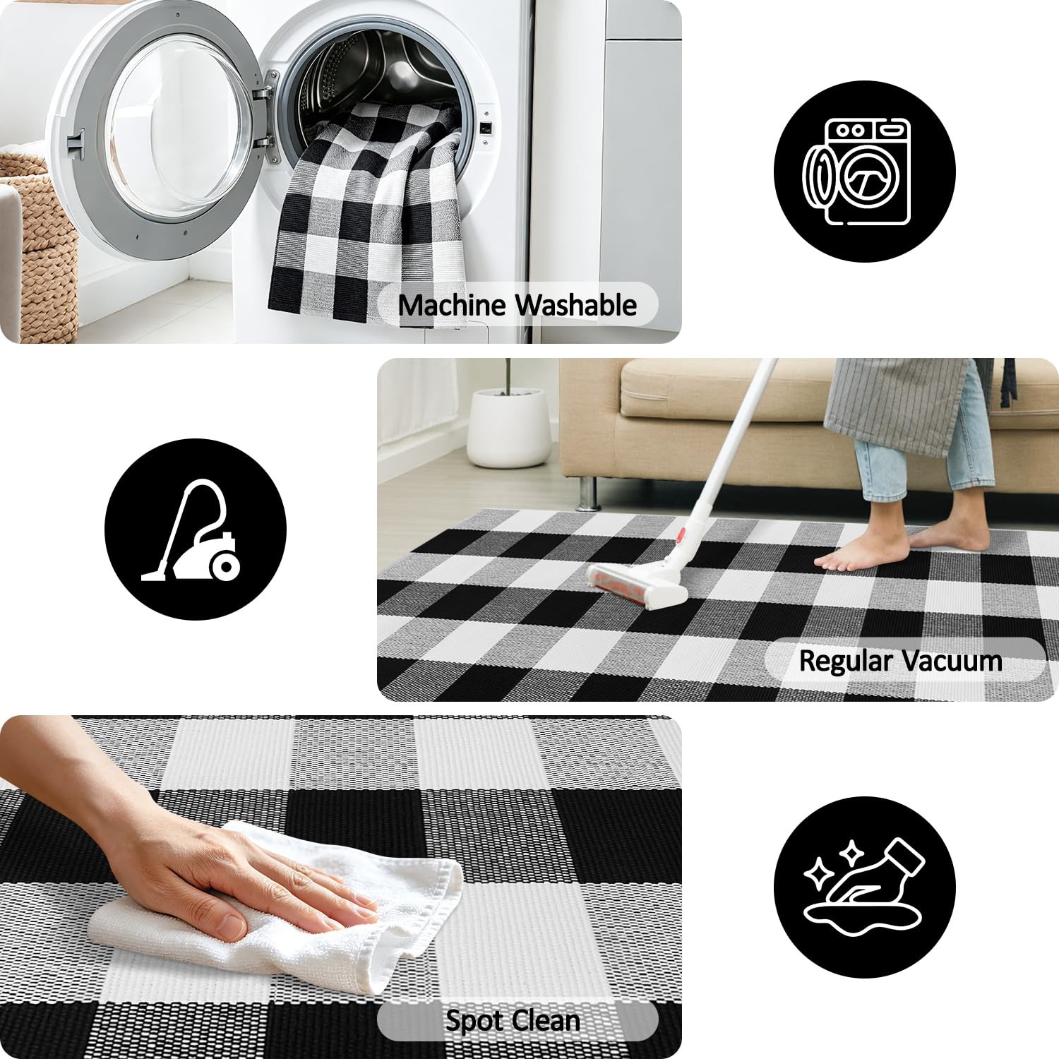Buffalo Plaid Area Rug 3×5 Front Door Mat Black and White Checkered Rug Washa…