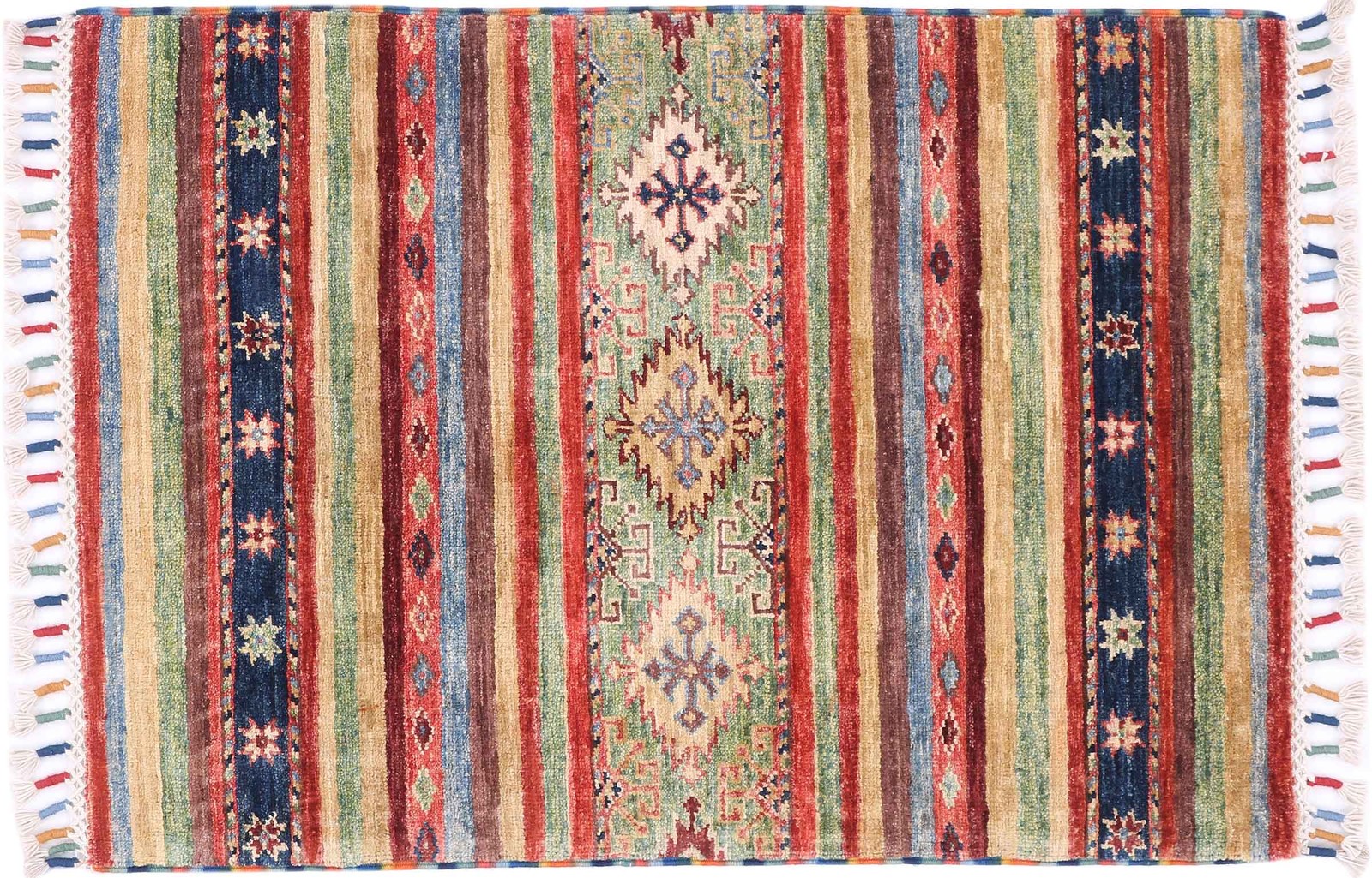 Afghan Ziegler Khorjin Carpet 60×90 Hand-knotted Green Stripes Orient