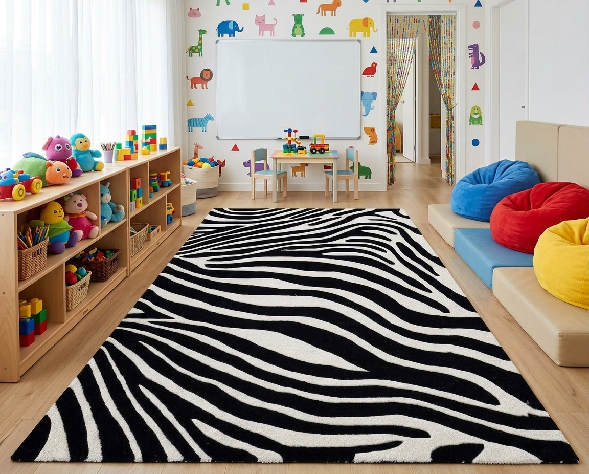 Zebra Print Wool Rug Hand Tufted Black White Modern Area Rug Living Room Carpet