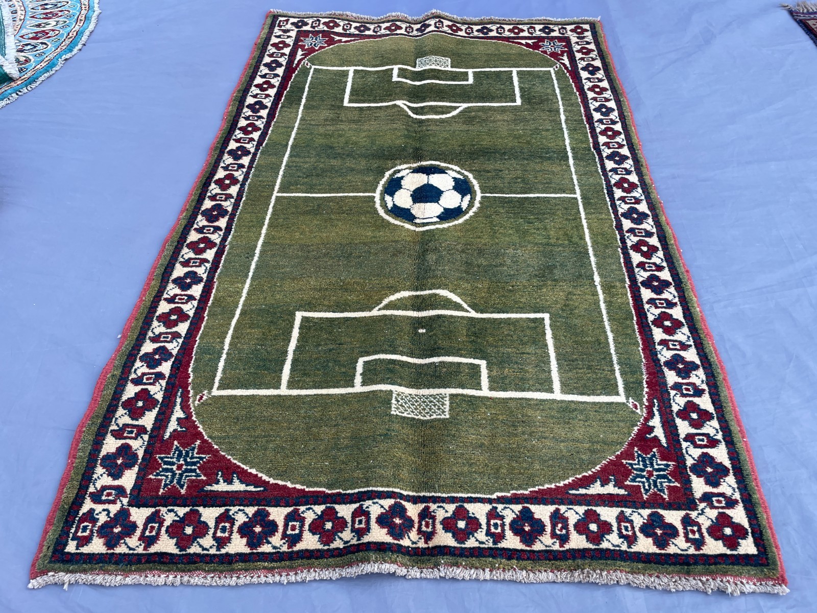 2×4 Pictorial Afghan Football Rug with Soccer Field Design and Floral Tribal